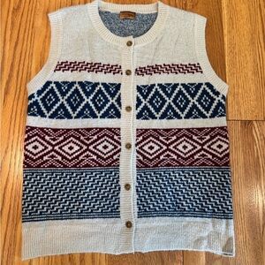 POL Fair Isle Sleeveless Button Down Cardigan in Cream and Blue Eclectic Grandpa